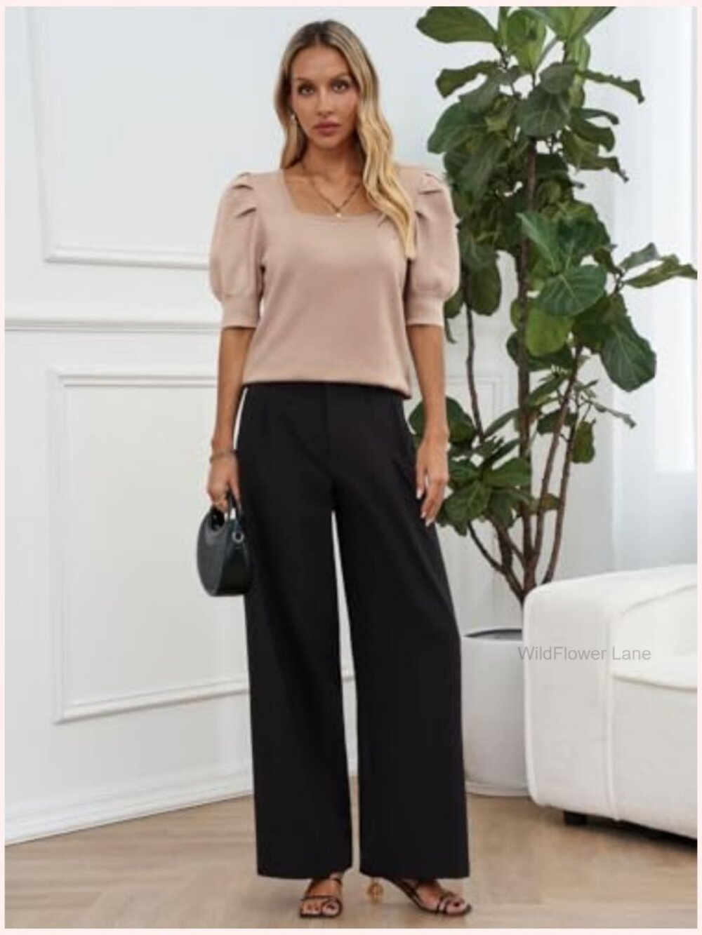 Puff Short Sleeve Knit Pullover Square Neck Loose Fit Casual - Picture 5 of 6